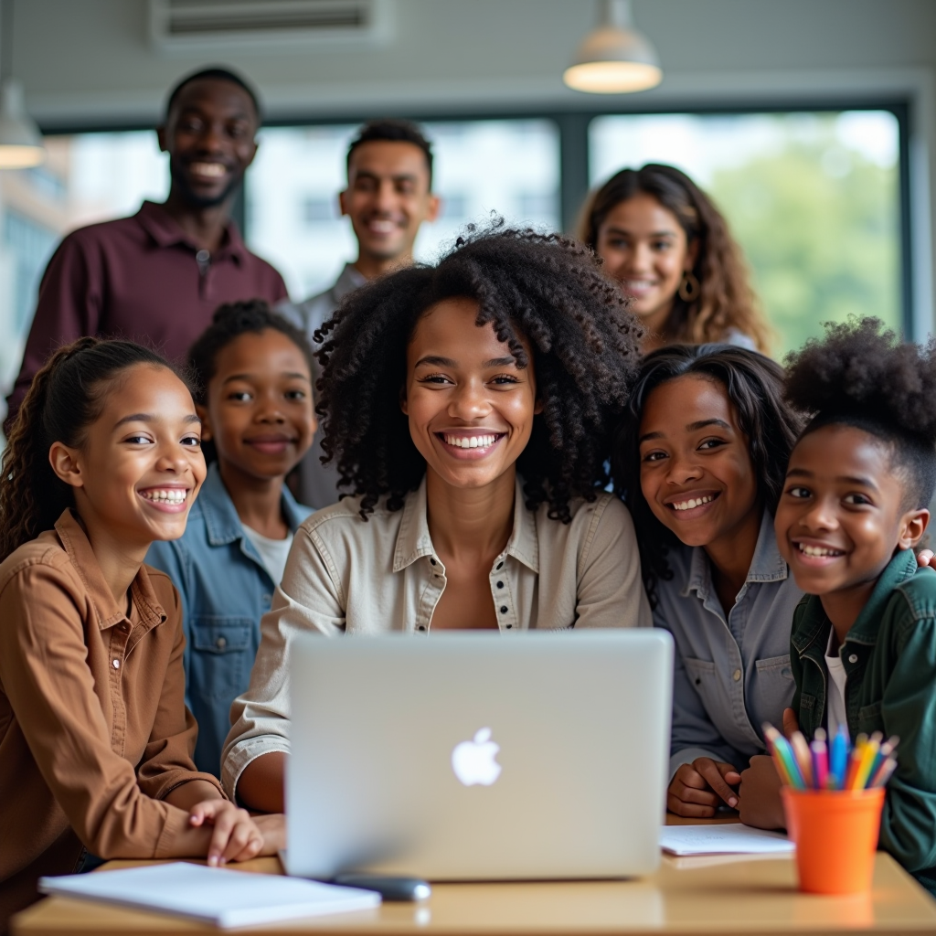 Diverse group of students and educators celebrating educational achievement in a modern classroom setting with laptops and collaborative learning materials, representing the Barge Foundation's commitment to educational equity and access