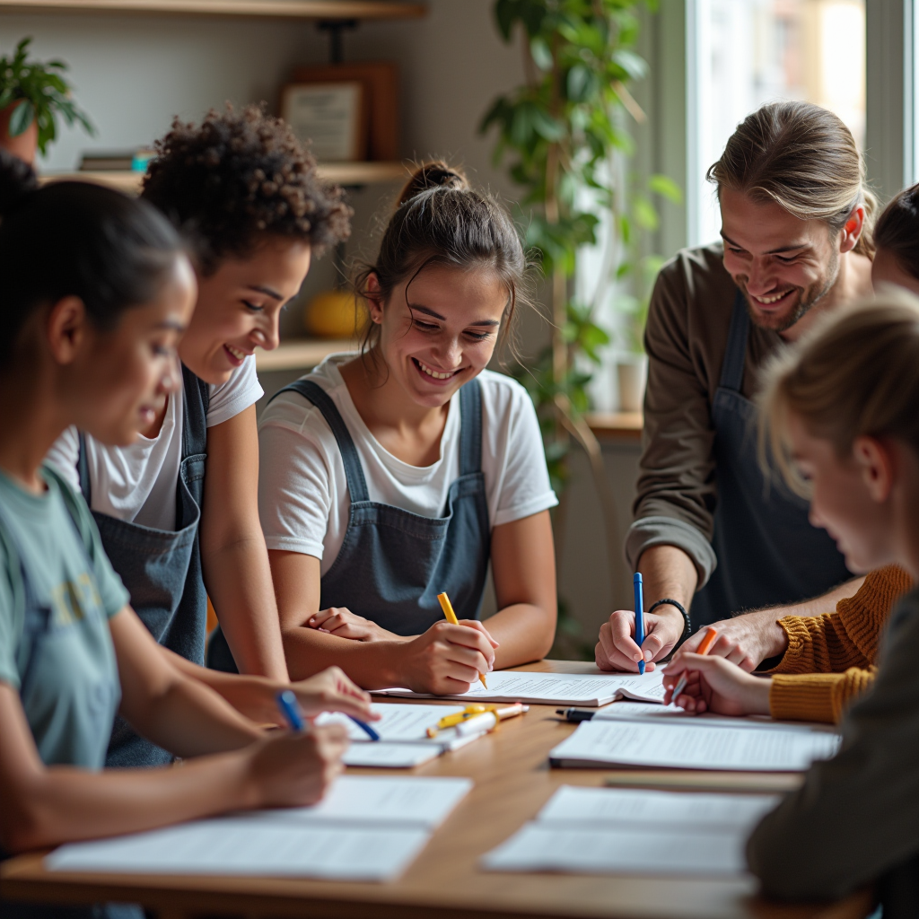 Diverse group of volunteers working together on community service projects. People of various ages engaged in educational support, religious community activities, and charitable initiatives. Warm, inclusive atmosphere showing meaningful volunteer engagement and coordination.