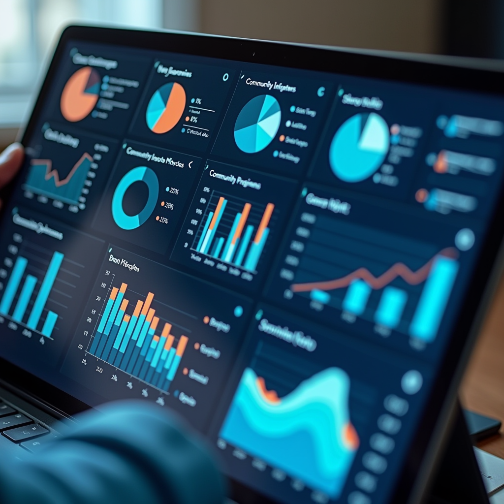 Data analysis and reporting dashboard showing impact measurement metrics for charitable programs. Charts, graphs, and performance indicators displaying community outcomes and program effectiveness. Professional setting emphasizing accountability and evaluation frameworks.